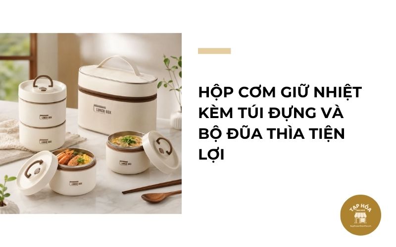 Hộp cơm giữ nhiệt kèm túi đựng và bộ đũa thìa tiện lợi