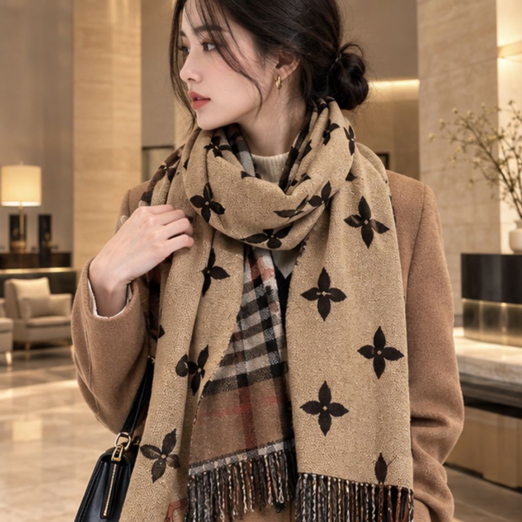 Khăn quàng cổ dạ kẻ nâu nữ đẹp, sang trọng, dễ phối đồ