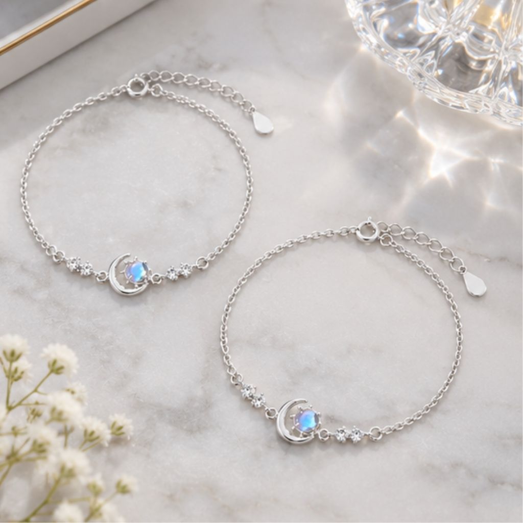 Lắc tay bạc nữ PMJ mặt trăng ôm đá Moonstone thanh lịch - Ảnh 4