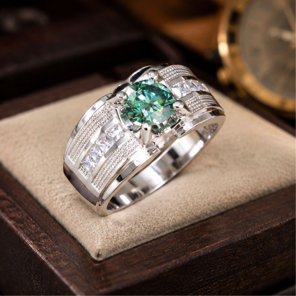 Nhẫn nam bạc Moissanite xanh lá 7 ly sang trọng - Ảnh 2