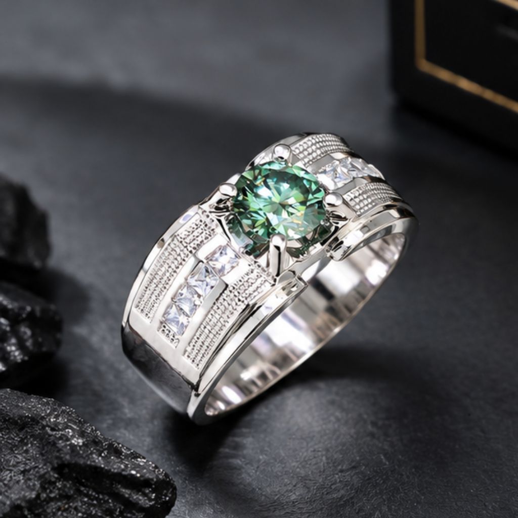 Nhẫn nam bạc Moissanite xanh lá 7 ly sang trọng