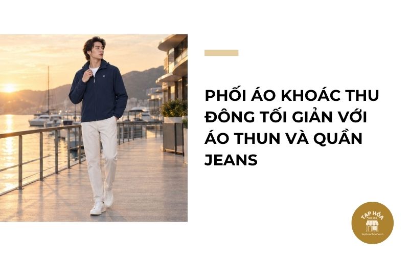 Phối áo khoác thu đông tối giản với áo thun và quần jeans
