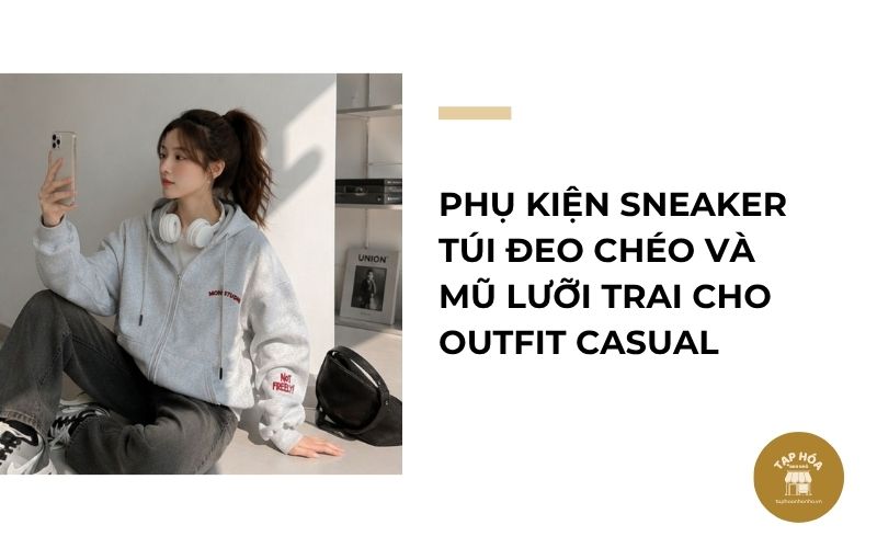 Phụ kiện sneaker túi đeo chéo và mũ lưỡi trai cho outfit casual
