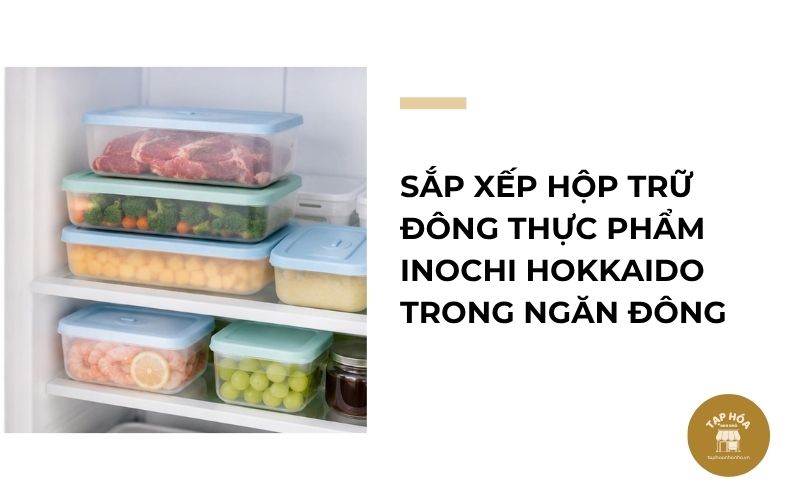 Sắp xếp hộp trữ đông thực phẩm Inochi Hokkaido trong ngăn đông