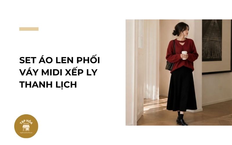Set áo len phối váy midi xếp ly thanh lịch
