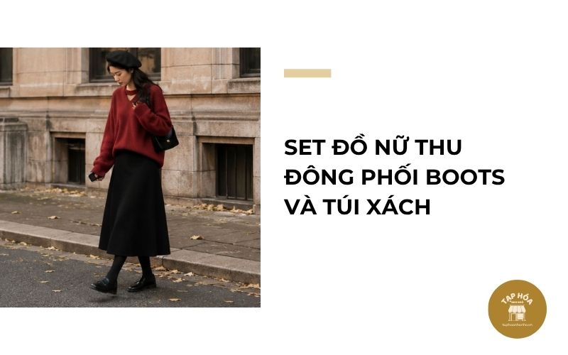 Set đồ nữ thu đông phối boots và túi xách