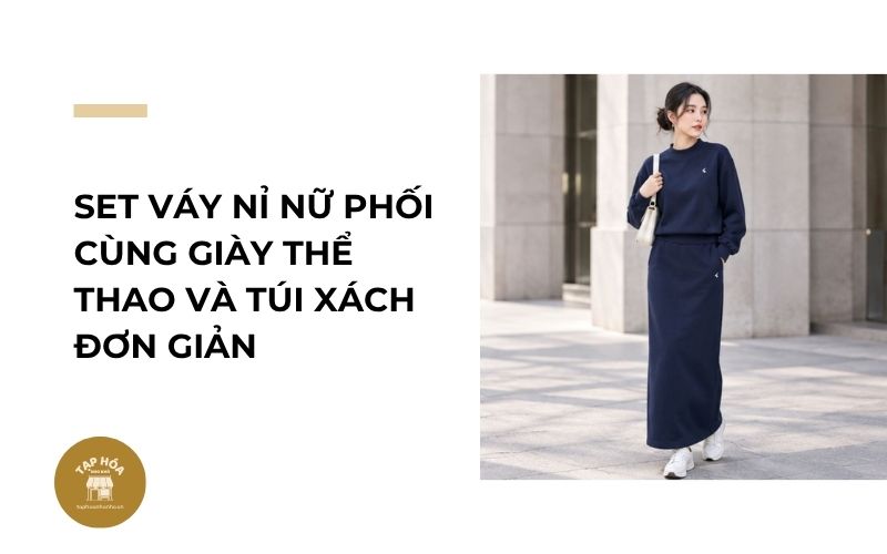 Set váy nỉ nữ phối cùng giày thể thao và túi xách đơn giản