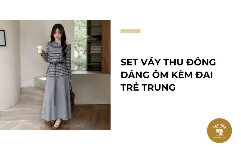 Set váy thu đông dáng ôm kèm đai trẻ trung