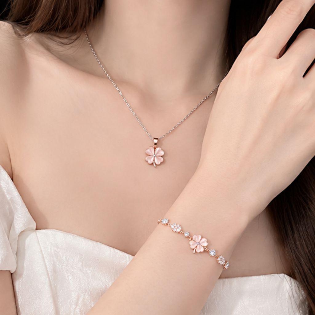 Set vòng cổ và vòng tay BLESS cỏ 4 lá hoa mai đính đá - Ảnh 3