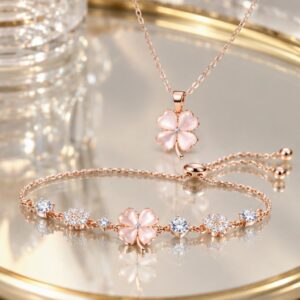 Set vòng cổ và vòng tay BLESS cỏ 4 lá hoa mai đính đá
