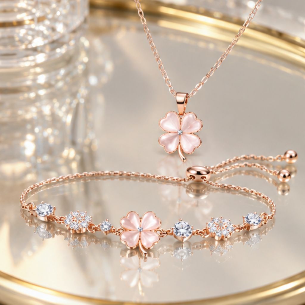 Set vòng cổ và vòng tay BLESS cỏ 4 lá hoa mai đính đá