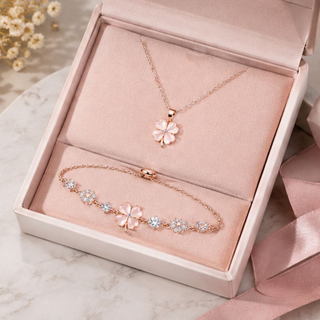 Set vòng cổ và vòng tay BLESS cỏ 4 lá hoa mai đính đá - Ảnh 4