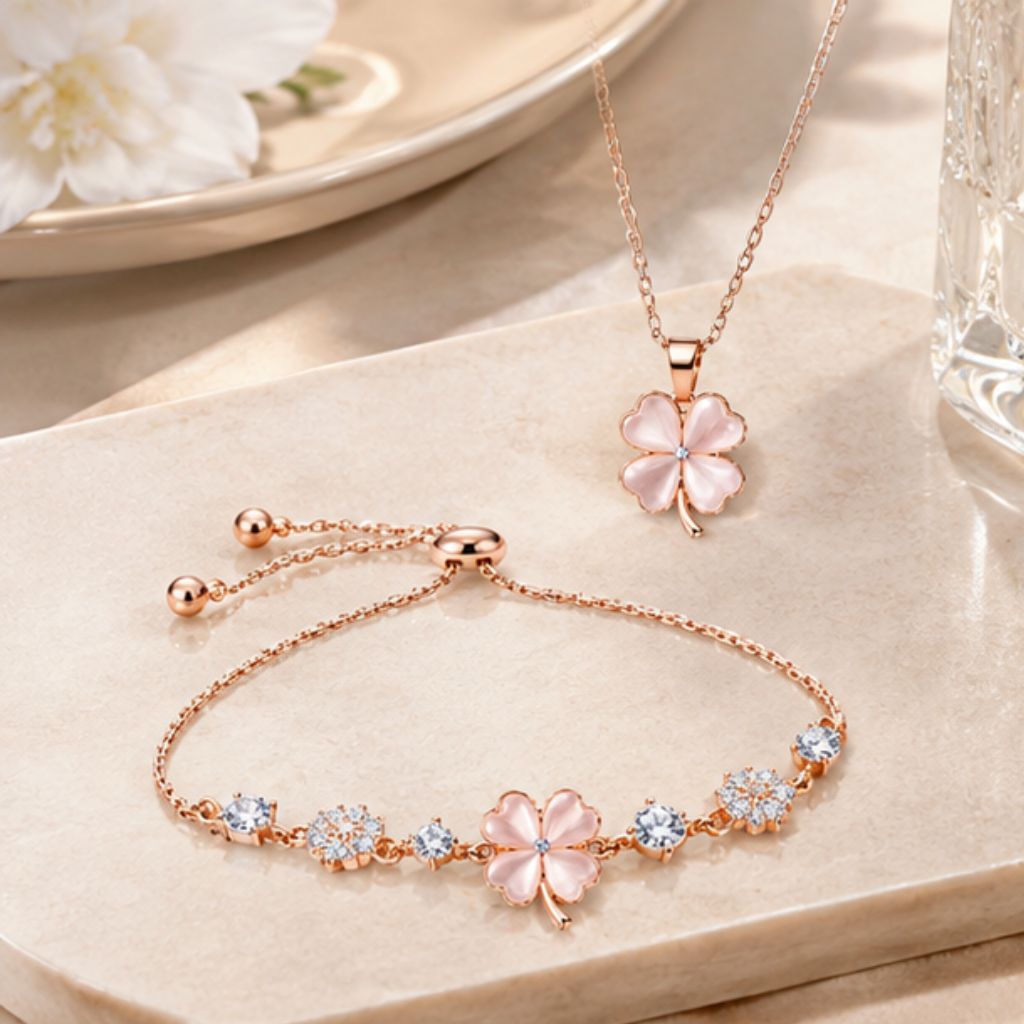 Set vòng cổ và vòng tay BLESS cỏ 4 lá hoa mai đính đá - Ảnh 2