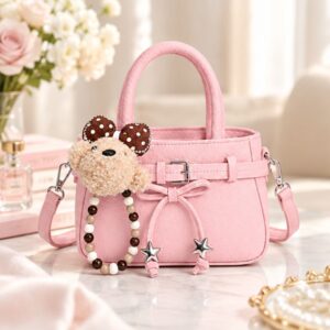 Túi xách nữ mini màu hồng dáng hộp kèm gấu bông đáng yêu